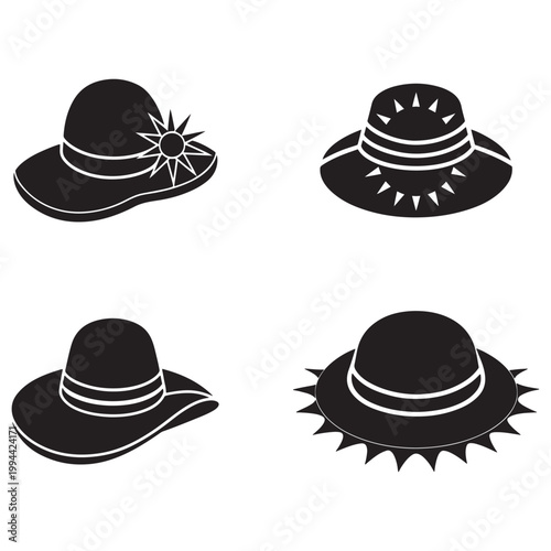 Set of four black hats with sun protection  fashion accessories for summer outdoor activities