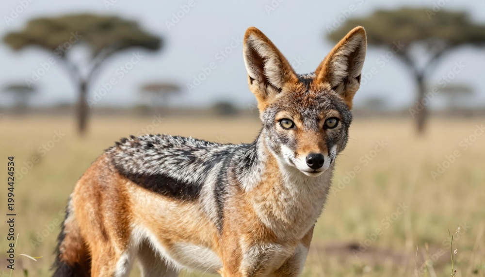 Fototapeta premium Alert black-backed jackal standing in African savanna with acacia trees and soft blurred background