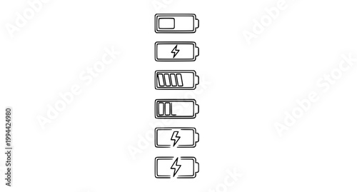 Vertical battery charge indicators outline icon collection with power status symbols for mobile UI design