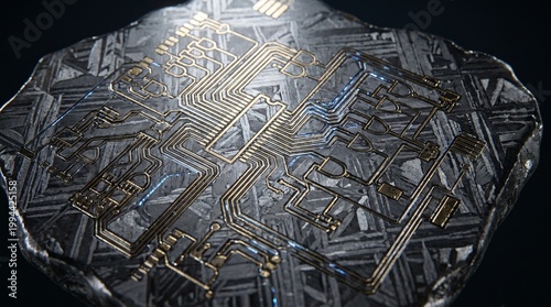 Macro shot of ancient metallic meteorite surface etched with precise computer processor architecture logic gate and gold memory pathway