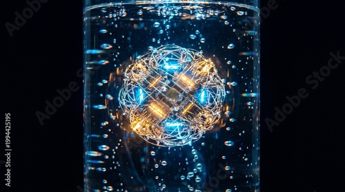 Mesmerizing conceptual image of an advanced glowing AI core with gold and silver circuitry suspended in a column of anti gravity water