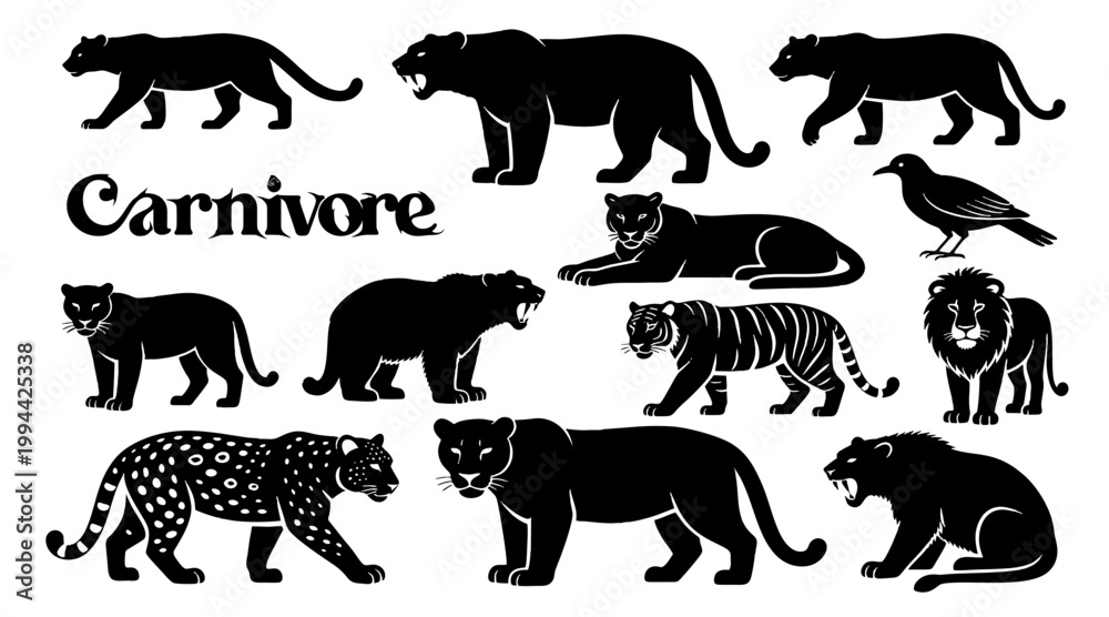 Fototapeta premium Carnivore Animal Silhouette Icon Set Wild Predator Vector Collection for Logo, UI and Wildlife Design