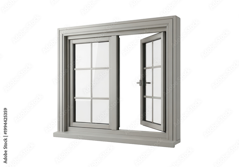 Obraz premium A modern grey window frame with a multi-pane design featuring one panel open for ventilation PNG isolated on transparent background