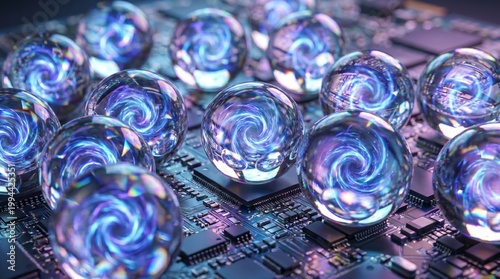 Spherical quartz beads on silicon microchip with glowing azure and violet plasma vortexes representing particle accelerators 