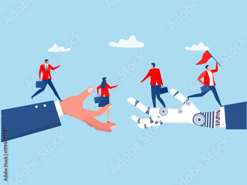 Business people walk on robot hand to progress the gap.artificial intelligence  help close the skill gap to success
