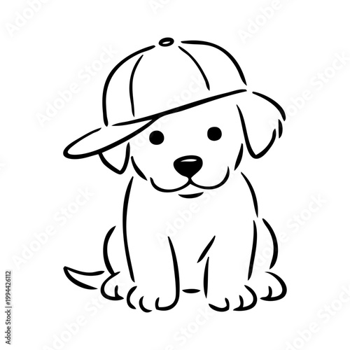 Logotipo con dibujo minimalista con líneas de un adorable  cachorro de perro sentado con una gorra 