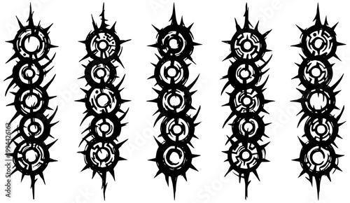 Five unique vertical columns featuring abstract spiky circular grungy elements creating a decorative black and white design.