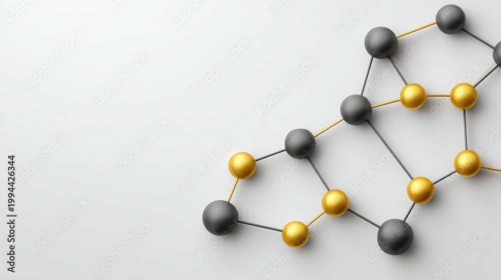 Obraz premium Abstract molecular structure illustration with black and gold spheres connected by lines on a minimalist background for science and technology concepts