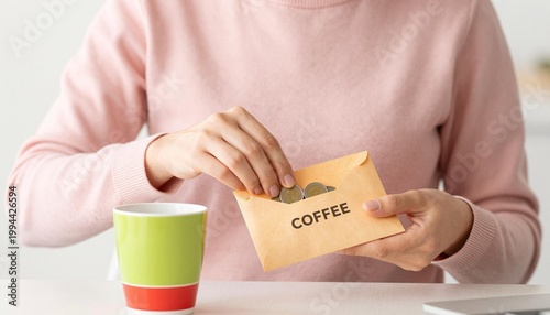 Person placing coins into an envelope labeled 
