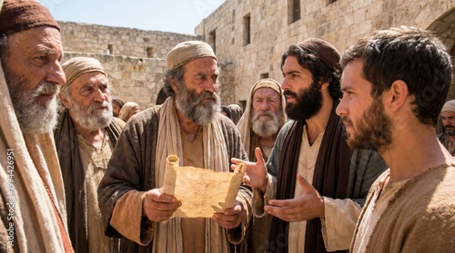 Biblical scene with apostle Peter and John speaking to religious leaders and priests. Apostles answering before elders about their faith. Historical reenactment of the Acts of Apostles.