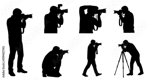 Photographer silhouette vector set with camera poses DSLR photography professionals isolated black figures illustration