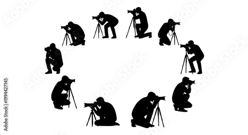 Professional photographer silhouette collection with camera shooting poses isolated vector illustration set