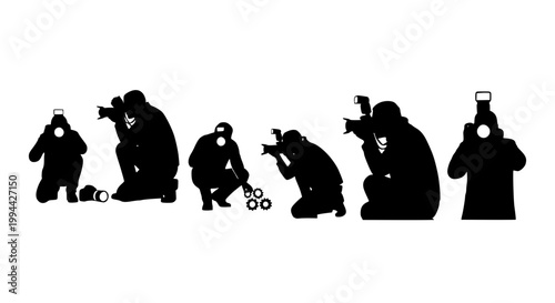 Photographer silhouette icons with cameras in action poses photography profession isolated vector set