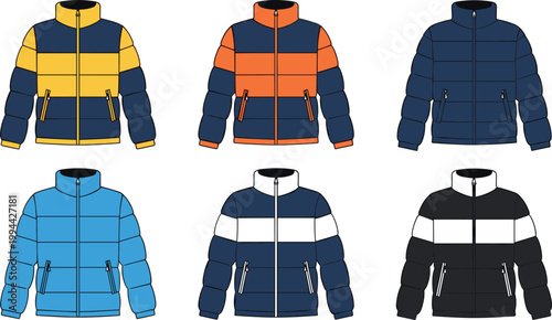 Colorful Puffer Jacket Collection Featuring Yellow, Orange, Blue, and Black Jackets for Winter Fashion, Outerwear, and Style Designs.