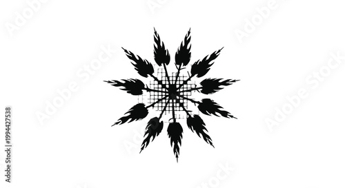 Geometric starburst pattern composed of stylized botanical elements creates a symmetrical and decorative black graphic design.