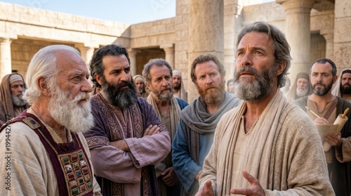 Apostle Peter and John standing before high priest and sadducee in temple during biblical interrogation. Witnessing miracle of healing. Historical christian scene from Acts chapter 4.