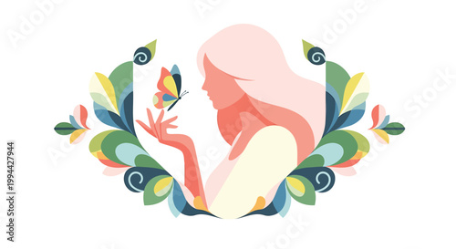 Woman, colorful illustration, floral wreath, butterfly, pastel style vector