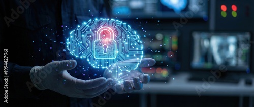 Cybersecurity innovation protecting digital assets with advanced ai technology in a high-tech environment focused on data security and privacy concepts