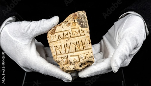Ancient Phoenician alphabet etched into a small piece of limestone, held carefully by gloved hands