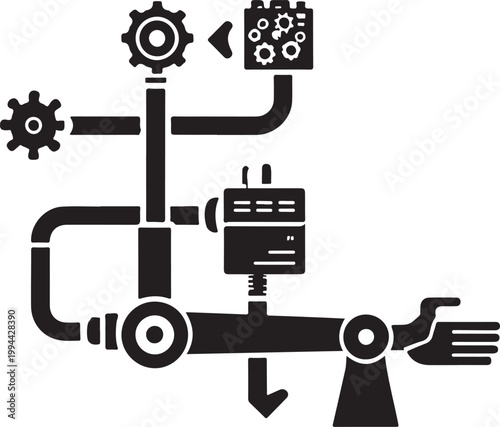 Industrial automation system with interconnected gears, power supply, and robotic arm Vector