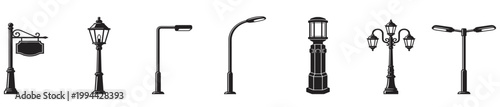 set of vintage street lamps and urban lighting poles, decorative lantern silhouettes isolated on transparent background