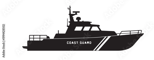 Schilderij op canvas Coast Guard Patrol Boat Silhouette Set, Military Ship Vector Collection, Black a