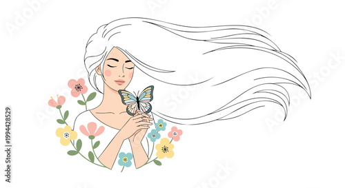 Woman with flowing hair, holding butterfly, floral illustration, vector art