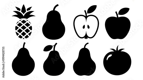 A set of eight black silhouettes of fruit including pears apples and a pineapple