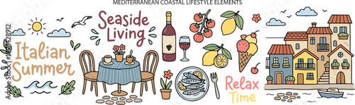 Italian Coastal Lifestyle Summer Vacation Travel Cafe Food Mediterranean Italy, Illustration Doodle Elements Cartoon Collection