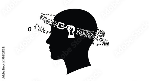 Human head silhouette features a digital padlock and binary code stream representing data security and mental privacy.