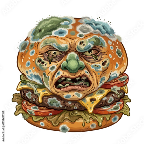 cartoon overripe burger with moldy vegetables and melting cheese illustration