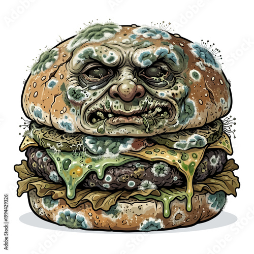 Fantasy monster devouring overripe burger with dripping slime and mold in surreal illustration