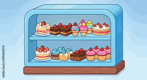 A colorful display case showcases a variety of beautifully decorated cakes and sweet pastries