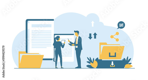 Business communication, teamwork, collaboration, office workflow, flat design icons