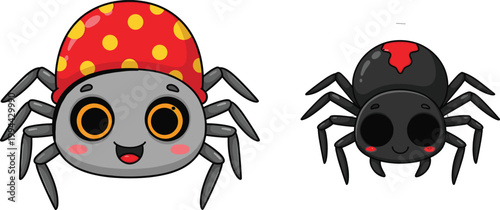 Cute cartoon spider characters with colorful patterns big eyes and smiling faces insect vector illustration isolated set