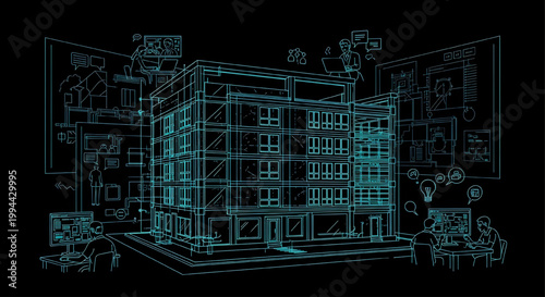 AutoCAD Long Building Blueprint Team CAD Freelancer Workspace Vector – Cyan Outline Architectural Company Workflow on Black Background
