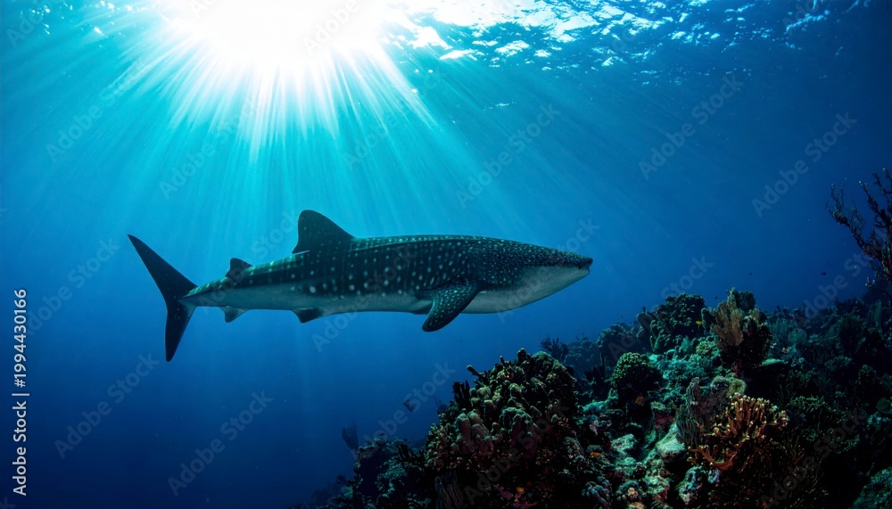 Fototapeta premium Whale Shark Gliding Gracefully Under Sunlight Rays in Deep Blue Ocean Waters Near Coral Reef