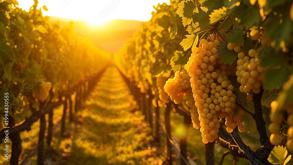 Fototapeta premium A sun-drenched Italian vineyard at golden hour, rows of grapevines heavy with fruit.