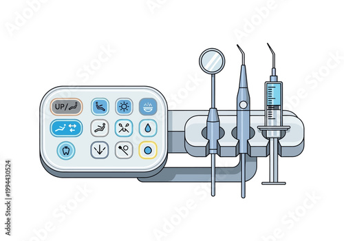 Dental tools and equipment are arranged on a tray for a procedure.