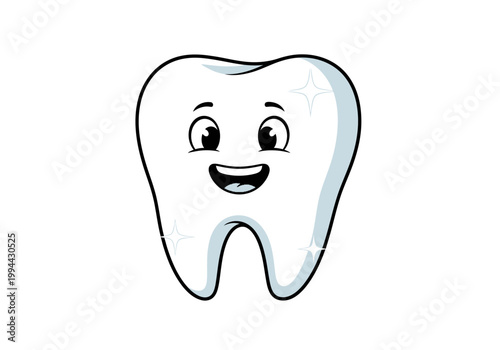 A smiling cartoon tooth with eyes and eyebrows is depicted.