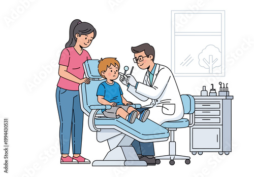 A dentist examines a boy's teeth while a woman stands beside them in a clinic.