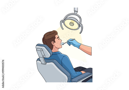 Man sitting in dental chair receiving examination with gloved hand and light