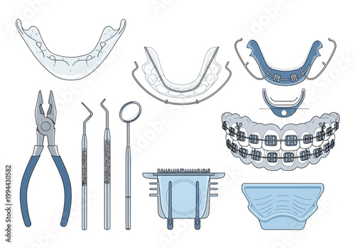 Dental tools and appliances for orthodontic treatment are displayed on a clean surface.