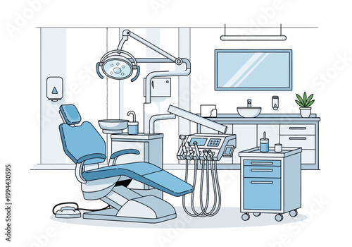 A dentist examines a patient in a modern dental clinic room with equipment