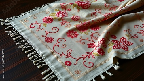 Intricately woven pashmina shawl with floral embroidery on dark wood.