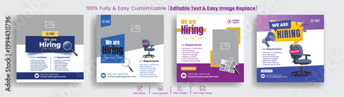 Set of We are hiring job vacancy recruitment advertisement social media posts square flyer poster, banner bundle, corporate hiring promotion career opportunity minimal business marketing template pack