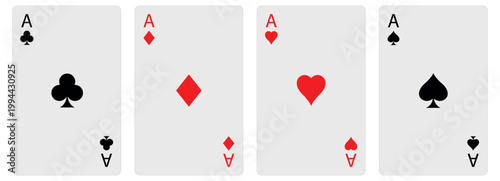 Four classic playing card aces in a row clubs diamonds hearts spades. White cards with rounded corners black and red suit symbols and letter A in corners. Ideal for poker or casino graphics.