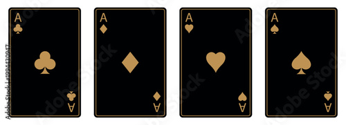 Four playing card aces in a row clubs diamonds hearts spades on black background with gold symbols and letter A. Elegant luxury design for poker casino or game graphics.