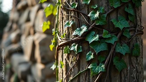 Close-up of thick vines tightly cinching around an ancient stone pillar, creating deep grooves.