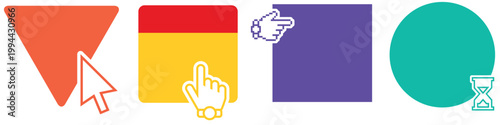 Four graphic interface icons red triangle with arrow cursor red, yellow, square with pointing finger purple pixel hand pointing inward turquoise circle with hourglass for UI UX app or game design.